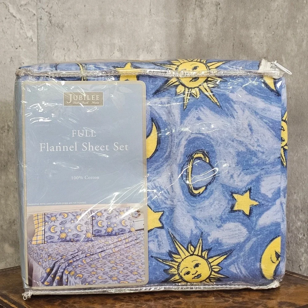 Vintage Jubilee Celestial Sun Moon Flannel Sheet Set Full Cotton‎ Y2K NOS Whimsy
